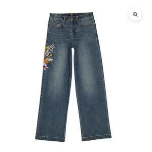 NWT Ed Hardy Brave Eagle wide leg high waist med wash jeans, size 34.